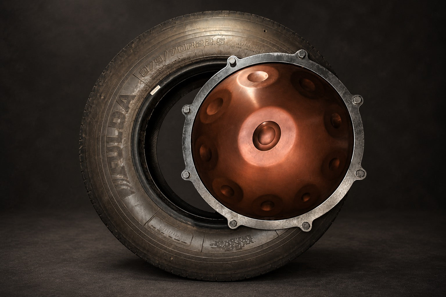 Tuning ring bolted onto a handpan, resting in a 275/70R22.5 truck tyre