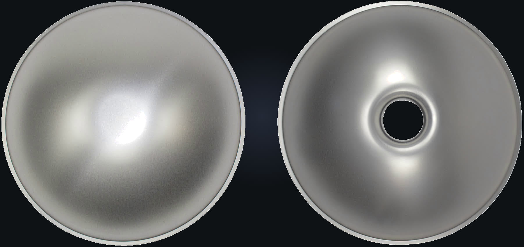 A deep-drawn top shell and a bottom shell with port, side by side